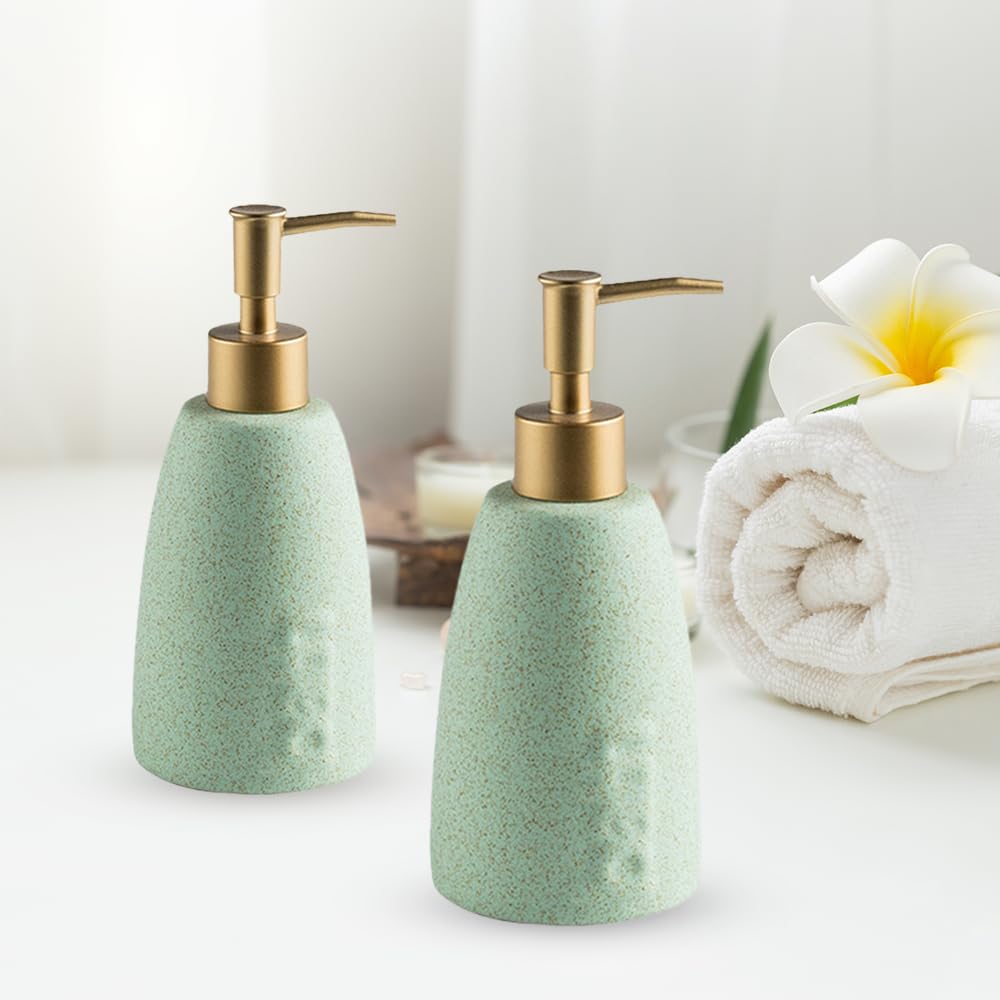 The Better Home 320ml Dispenser Bottle - Green (Set of2) | Ceramic Liquid Dispenser for Kitchen, Wash-Basin, and Bathroom | Ideal for Shampoo, Hand Wash, Sanitizer, Lotion, and More