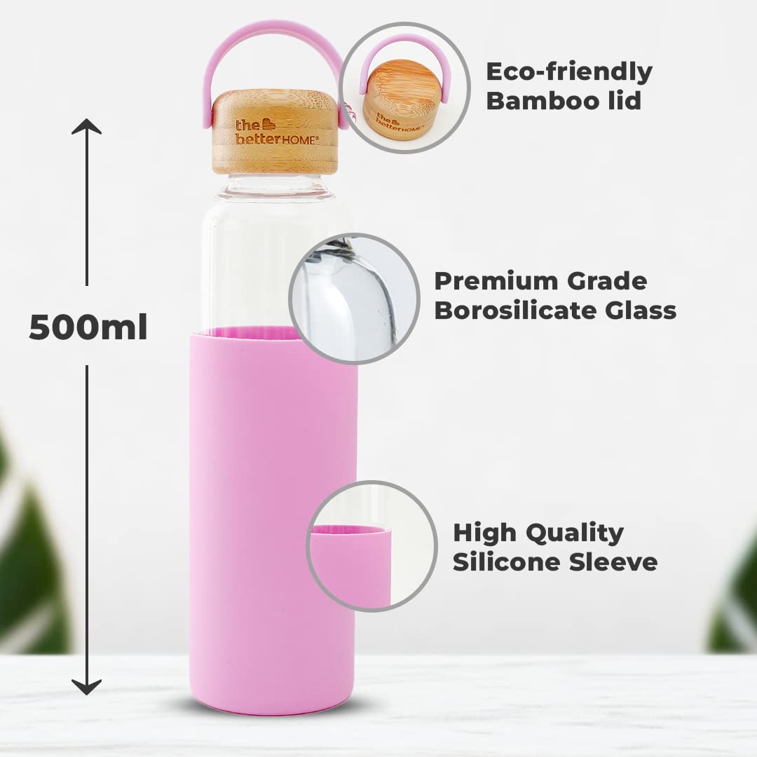 The Better Home Borosilicate Glass Water Bottle with Sleeve (500ml) | Non Slip Silicon Sleeve & Bamboo Lid | Fridge Water Bottles for Men, Women & Kids | Water Bottles for Fridge | Pink (Pack of 50)