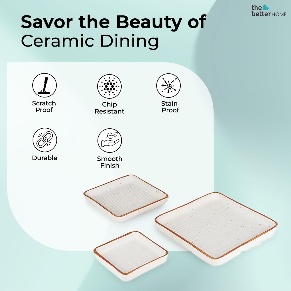 The Better Home Ceramic Square Snack & Serving Tray (3Pcs) | Microwave Safe | Refrigerator Safe | Scratch Resistant | Stain Proof | Dinnerware | Dinner Plate for Family Occasion/Gift (White)/