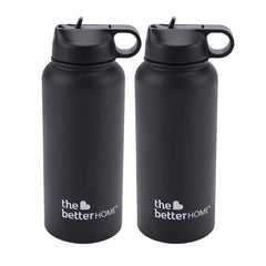 1000 Stainless Steel Insulated Sipper Water Bottle for Adults and Kids 1 Litre (Pack of 2, Black)