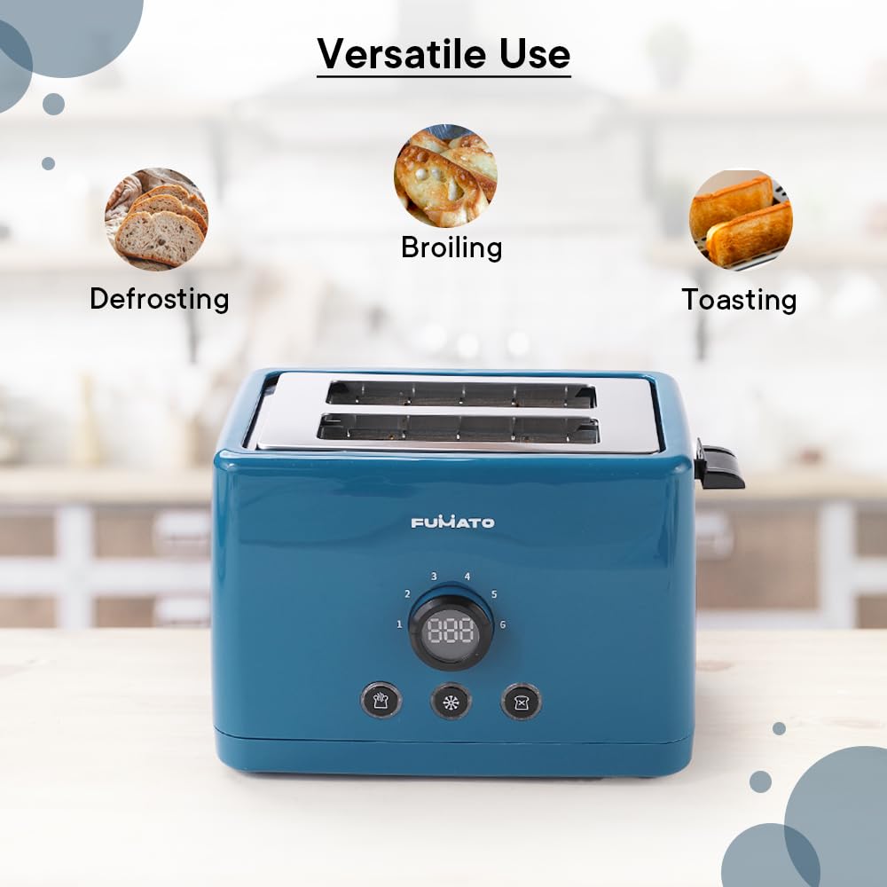 Pop Up Toaster 2 Slices - 1000W, 6 Browning Levels, Removable Crumb Tray | Stainless Steel | Midnight Blue