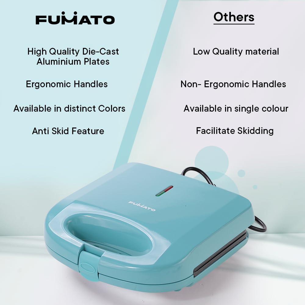 The Better Home FUMATO 750 W 2 Slice Toast Sandwich Maker | Non-stick Aluminium Plates, Cool Touch Technology, Power Indicator, Upright Compact Storage, Buckle Clip Lock | 1 Yr Warranty- Misty Blue