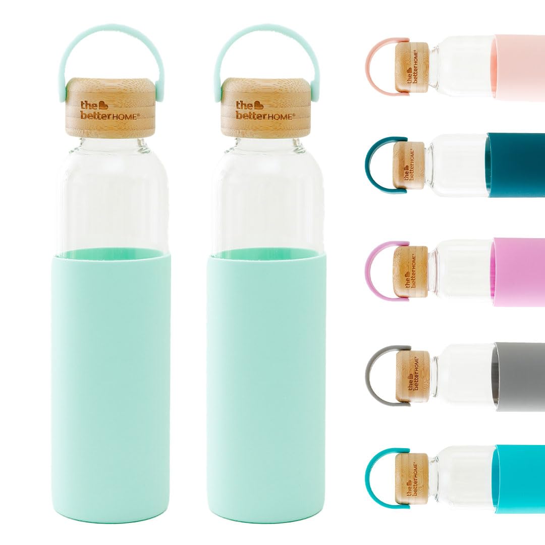 Pack of 1: Borosilicate Glass Water Bottle with Non-Slip Sleeve & Bamboo Lid | 500ml | Green