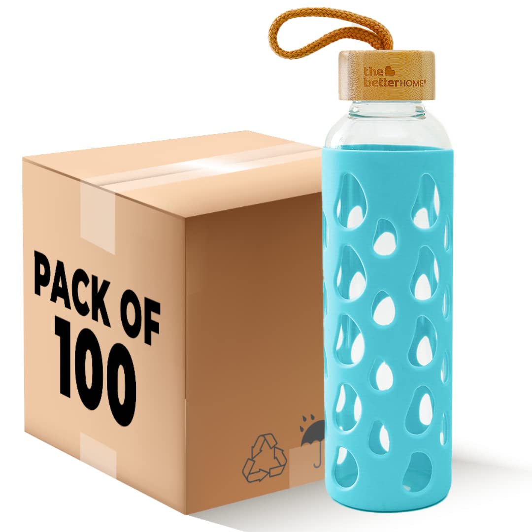 Borosilicate Glass Water Bottle with Sleeve 550ml | Non Slip Silicon Sleeve & Bamboo Lid | Water Bottles for Fridge | Light Blue (Pack of 100)