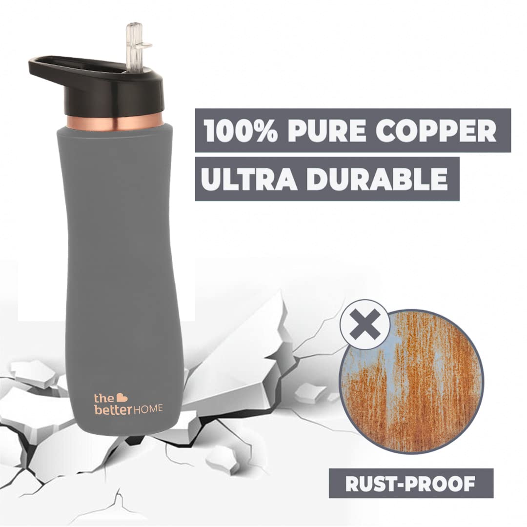 Copper Water Bottle with Sipper - 100% Pure, BPA Free & Non Toxic | 700ml | Grey | Reusable