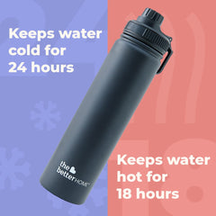 1000 Stainless Steel Insulated Water Bottle with Sipper (710ml) | Thermos Flask Sports Water Bottle | Hot and Cold Steel Water Bottle | Food Grade & BPA Free (Pack of 2, Black)