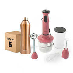 The Better Home FUMATO Turbo Pro600W Electric Hand Blender 4-1 Pink & Stainless Steel Water Bottle 1 Litre Pack of 5 Gold