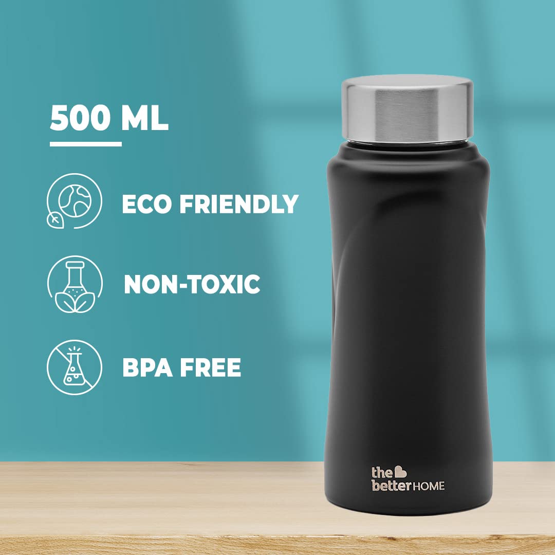 Stainless Steel Water Bottle - Light Weight, Rust Proof | 500ml | Black | Ideal for Kids & Adults