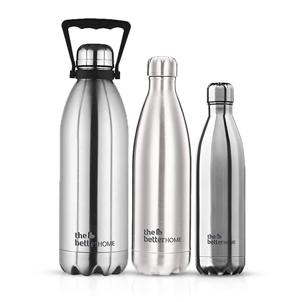 Insualted Stainless Steel Insulated Water Bottles (Combo Set of 3 - 2 Litre, 1 Litre, 500 ML) | BPA Free Stainless Steel Double Wall Insualted Water Bottle for Adults ,Kids | Hot and Cold Water Flask | Silver