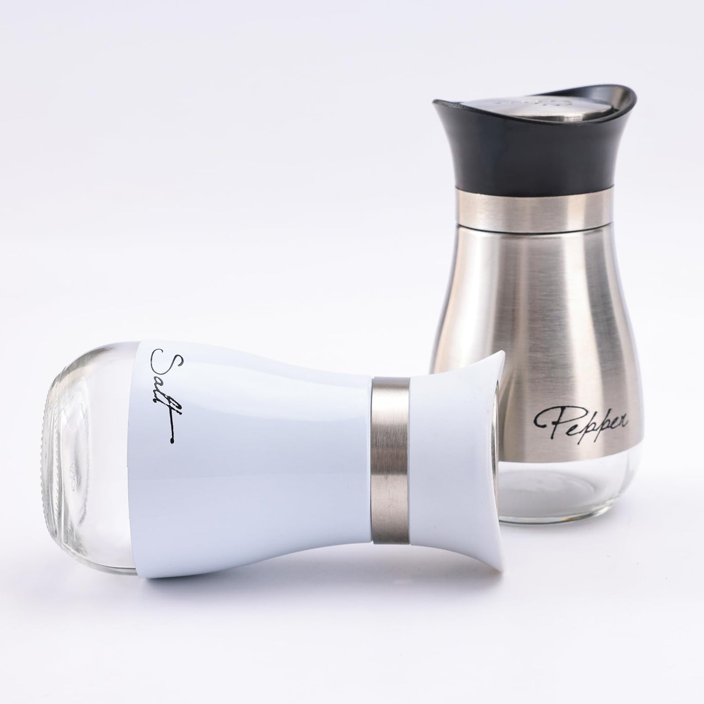 The Better Home Glass Salt and Pepper Shaker Set | Pack of 2 | White and Silver | Glass | Salt and Pepper Dispenser Sprinkler Bottle