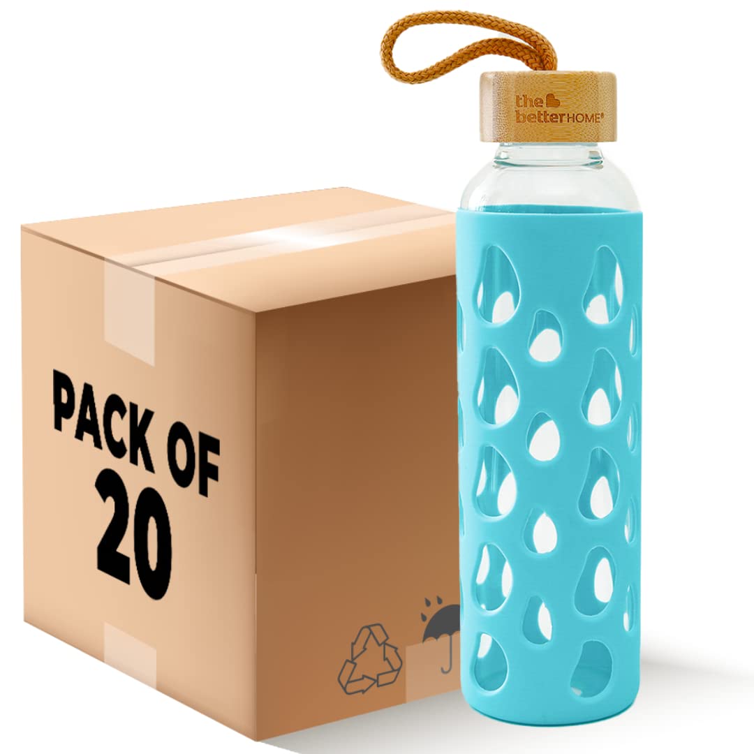 Borosilicate Glass Water Bottle with Sleeve 550ml | Non Slip Silicon Sleeve & Bamboo Lid | Water Bottles for Fridge | Light Blue (Pack of 20)