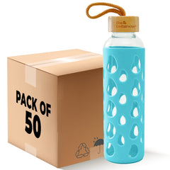 The Better Home Borosilicate Glass Water Bottle with Sleeve 550ml | Non Slip Silicon Sleeve & Bamboo Lid | Water Bottles for Fridge | Light Blue (Pack of 50)