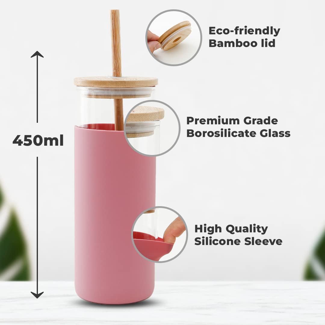 Borosilicate Glass Tumbler with Lid and Straw 450m (Pack of 3) | Water & Coffee Tumbler with Bamboo Straw & Lid | Leak & Sweat Proof | Durable Travel Coffee Mug with Lid