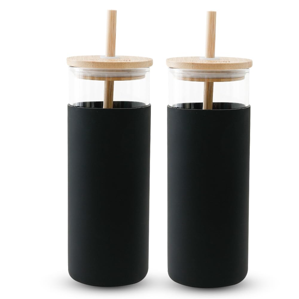 Pack of 2: Borosilicate Glass Tumblers - Leak Sweat Proof, Durable | Lid & Bamboo Straw | 450ml | Fuchsia-Black