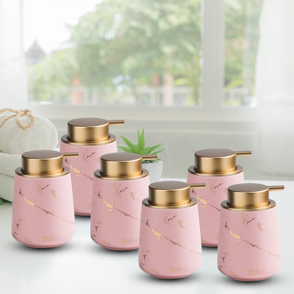 The Better Home 400ml Soap Dispenser Bottle - Pink (Set of 6) |Ceramic Liquid Pump Dispenser for Kitchen, Wash-Basin, and Bathroom