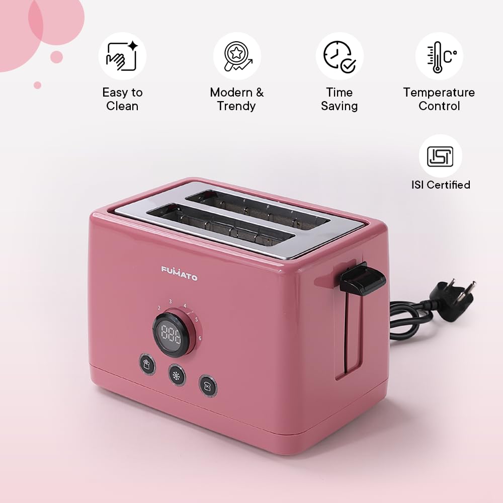 Stainless Steel 1000W 2-Slice Pop Up Toaster with 6 Heating Modes & Removable Crumb Tray | Cherry Pink