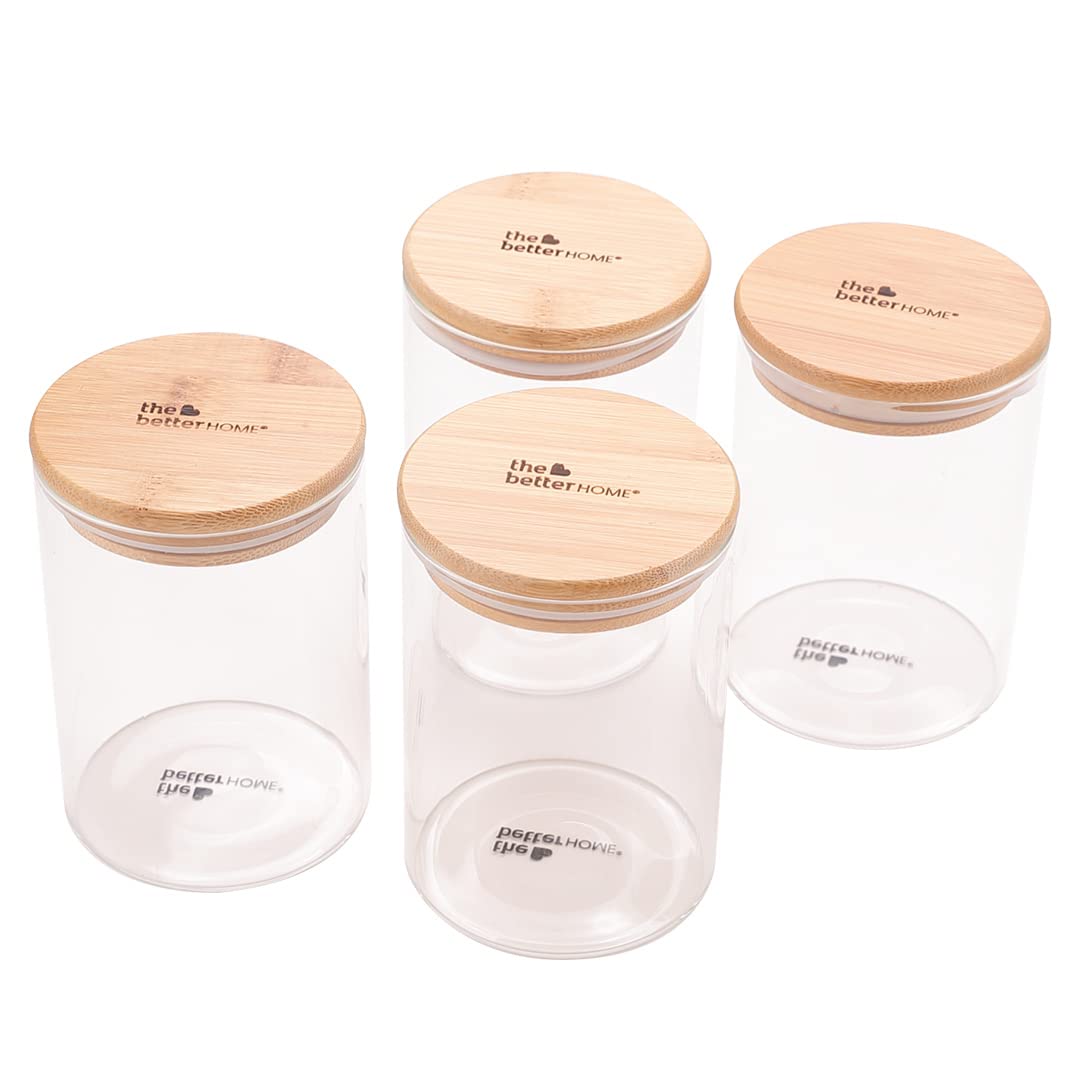 Pack of 4: Airtight Borosilicate Glass Kitchen Containers with Bamboo Lid | Set of 4 Jars | 600 ml Each | Clear