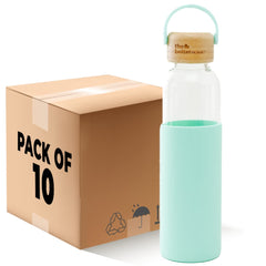 Borosilicate Glass Water Bottle with Sleeve (500ml) | Non Slip Silicon Sleeve & Bamboo Lid | Fridge Water Bottles for Men, Women & Kids | Water Bottles for Fridge | Green (Pack of 10)