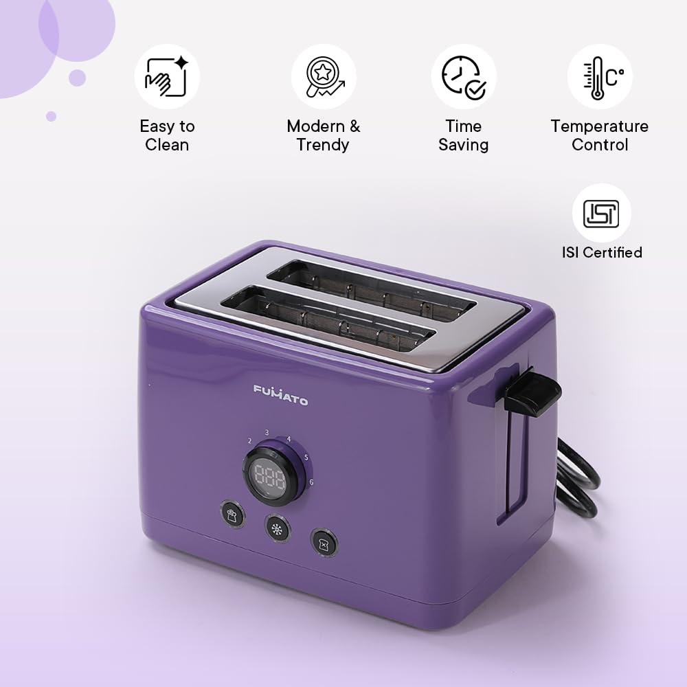 2 Slice Pop-up Toaster - 1000W, 6 Browning Levels, Removable Crumb Tray | Adjustable Controls | Purple Haze