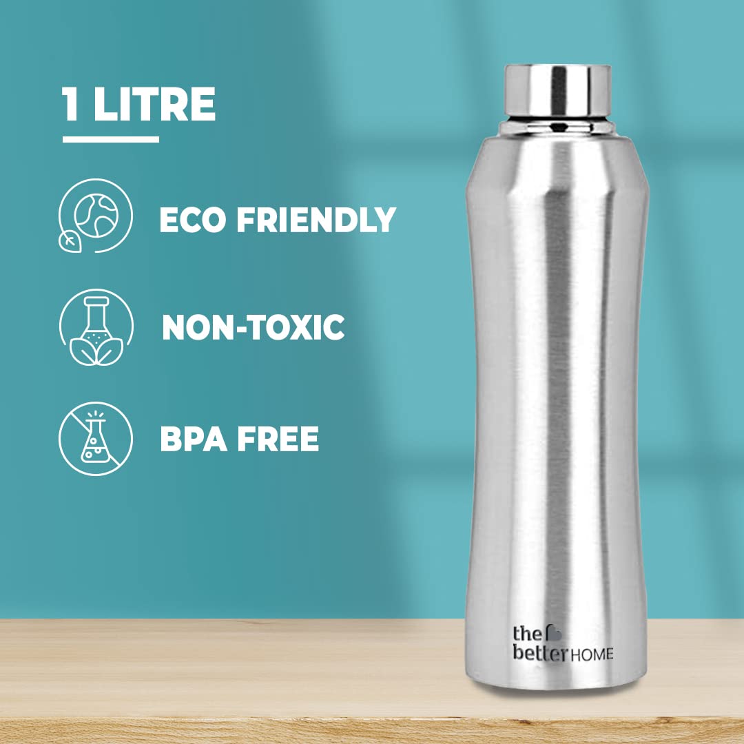 The Better Home 1000 Stainless Steel Water Bottle 1 Litre - Silver | Eco-Friendly, Non-Toxic & BPA Free Water Bottles 1+ Litre | Rust-Proof, Lightweight, Leak-Proof & Durable| Pack of 2