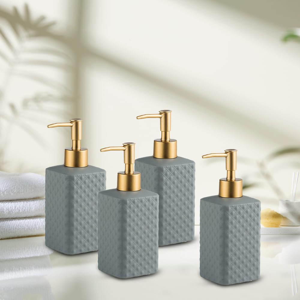 The Better Home 350ml Soap Dispenser Bottle - Grey (Set of 4) |Ceramic Liquid Pump Dispenser for Kitchen, Wash-Basin, and Bathroom