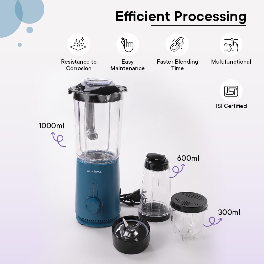 The Better Home FUMATO Mixer Grinder Blender- 400W | Mixie for Kitchen with 3 Jars, Stainless Steel Blades, 3 Speed Control, Anti-Skid Feet | Nutri Blender Juicer with 1 Year Warranty (Midnight Blue)