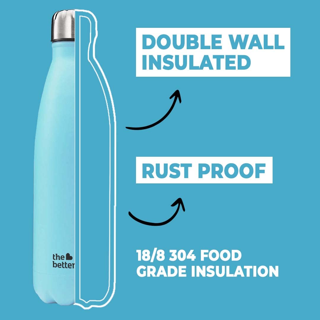1000 Stainless Steel Insulated Water Bottle 1 Litre | Thermos Flask 1 Litre+ | Hot and Cold Steel Water Bottle 1 Litre | Blue (Pack of 2)