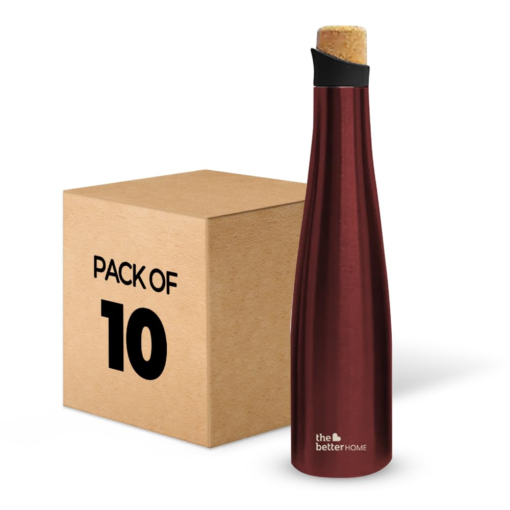 Pack of 10: Insulated Stainless Steel Water Bottles - 18 Hours Insulation | Cork Cap | 500ml Each | Wine Color