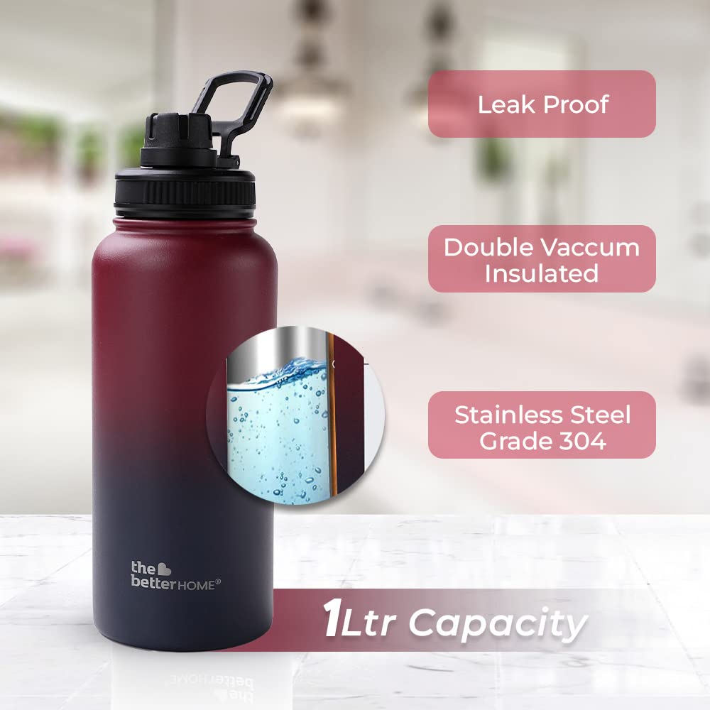 Insulated Water Bottle - Double Wall Hot & Cold, Leakproof & Durable | 1 Litre | Blue - Maroon