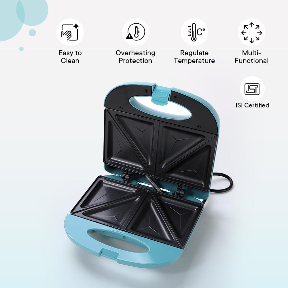 The Better Home FUMATO 750 W 2 Slice Toast Sandwich Maker | Non-stick Aluminium Plates, Cool Touch Technology, Power Indicator, Upright Compact Storage, Buckle Clip Lock | 1 Yr Warranty- Misty Blue