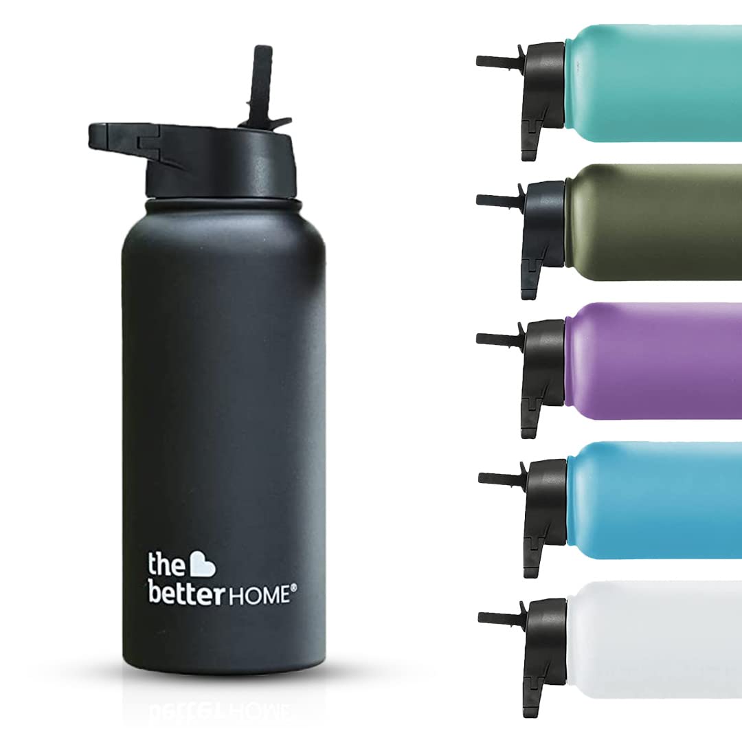 The Better Home Stainless Steel Insulated Sipper Water Bottle for Adults and Kids 1 Litre | Thermos Flask 1 Litre | Hot and Cold Insulated Water Bottle 1 Litre+ (Black)