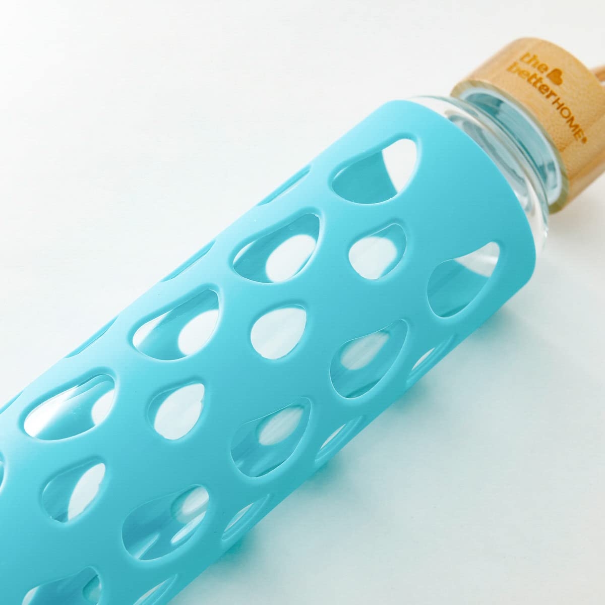 Borosilicate Glass Water Bottle - Non-Slip Silicone Sleeve & Bamboo Lid | 550ml | Blue | Sport Theme