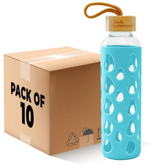 Borosilicate Glass Water Bottle with Sleeve 550ml | Non Slip Silicon Sleeve & Bamboo Lid | Water Bottles for Fridge | Light Blue (Pack of 10)