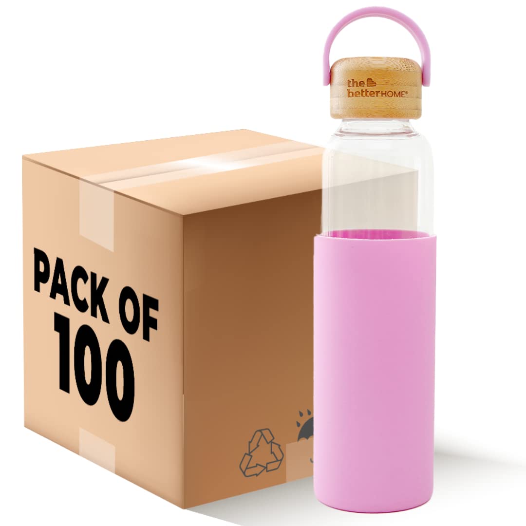 Borosilicate Glass Water Bottle with Sleeve (500ml) | Non Slip Silicon Sleeve & Bamboo Lid | Fridge Water Bottles for Men, Women & Kids | Water Bottles for Fridge | Pink (Pack of 100)