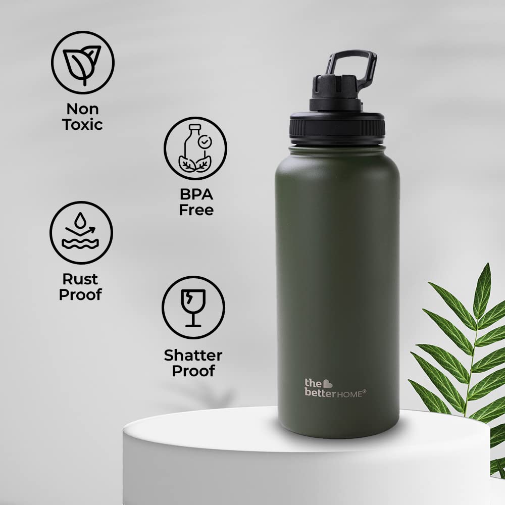 Insulated Water Bottle - Leakproof, Double Wall for Hot & Cold | 1 Litre | Army Green | Easy to Carry