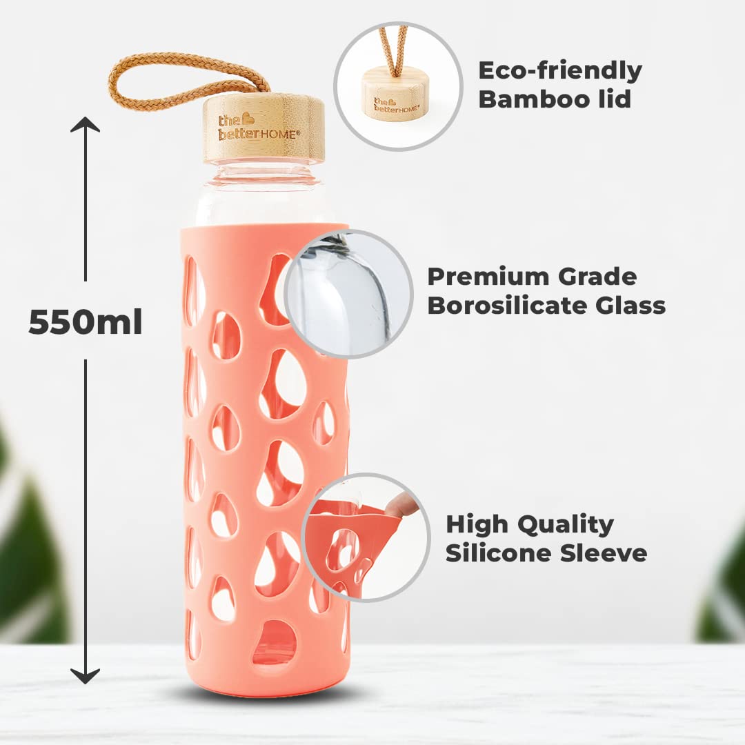 Borosilicate Glass Water Bottle with Sleeve 550ml | Non Slip Silicon Sleeve & Bamboo Lid | Water Bottles for Fridge (Pack of 3)
