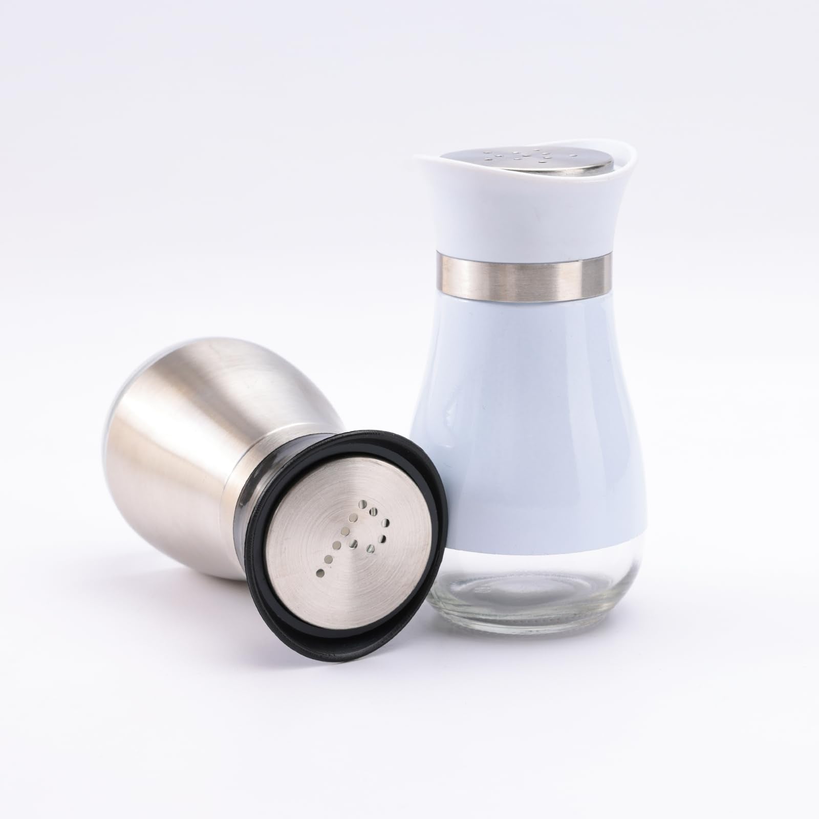 The Better Home Glass Salt and Pepper Shaker Set | Pack of 2 | White and Silver | Glass | Salt and Pepper Dispenser Sprinkler Bottle