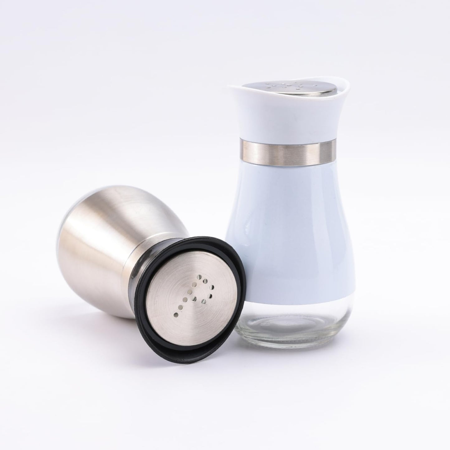 The Better Home Glass Salt and Pepper Shaker Set | Pack of 2 | White and Silver | Glass | Salt and Pepper Dispenser Sprinkler Bottle