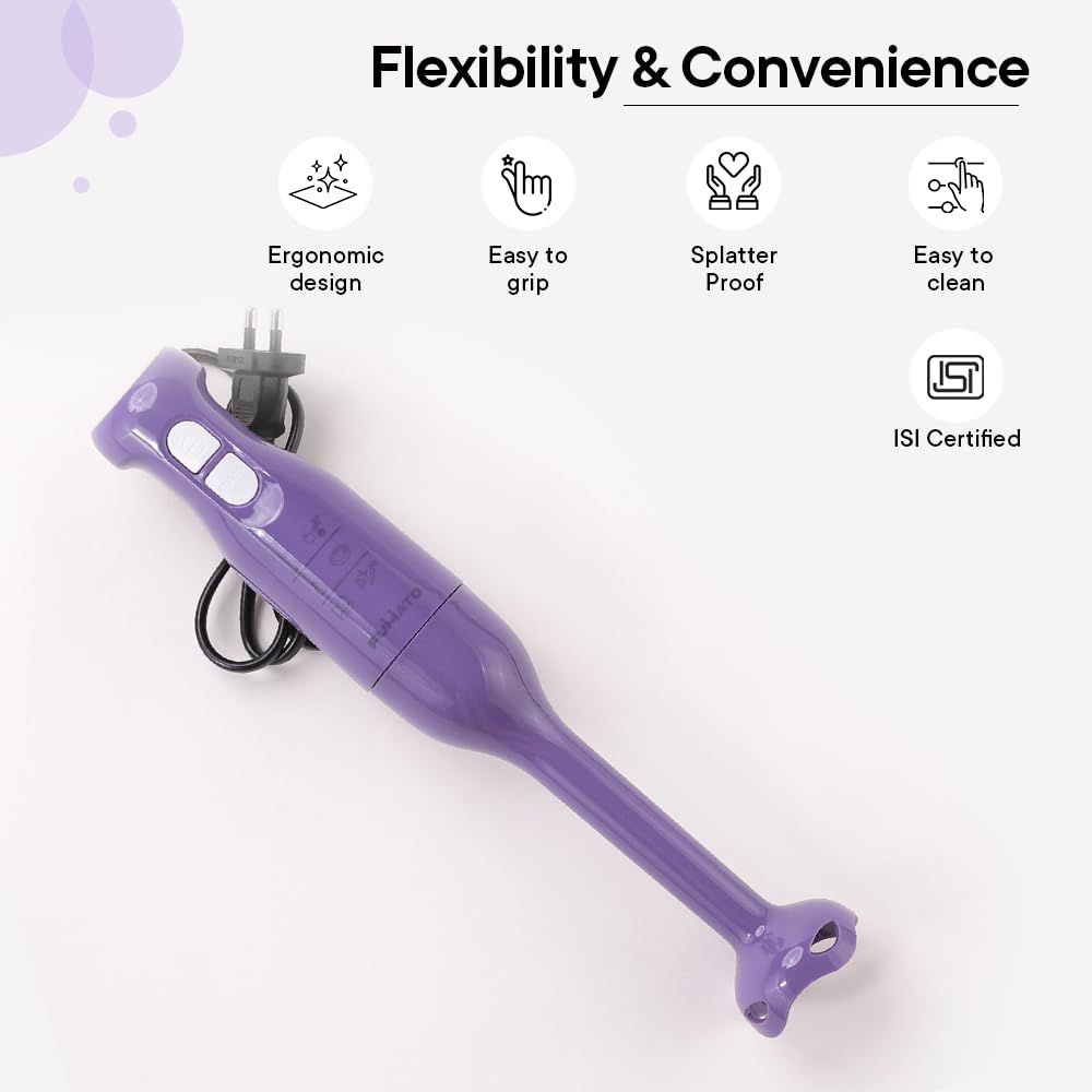 Electric Portable Hand Blender - 250W, Detachable Anti Splash Plastic Foot | Stainless Steel Blade | Purple Haze