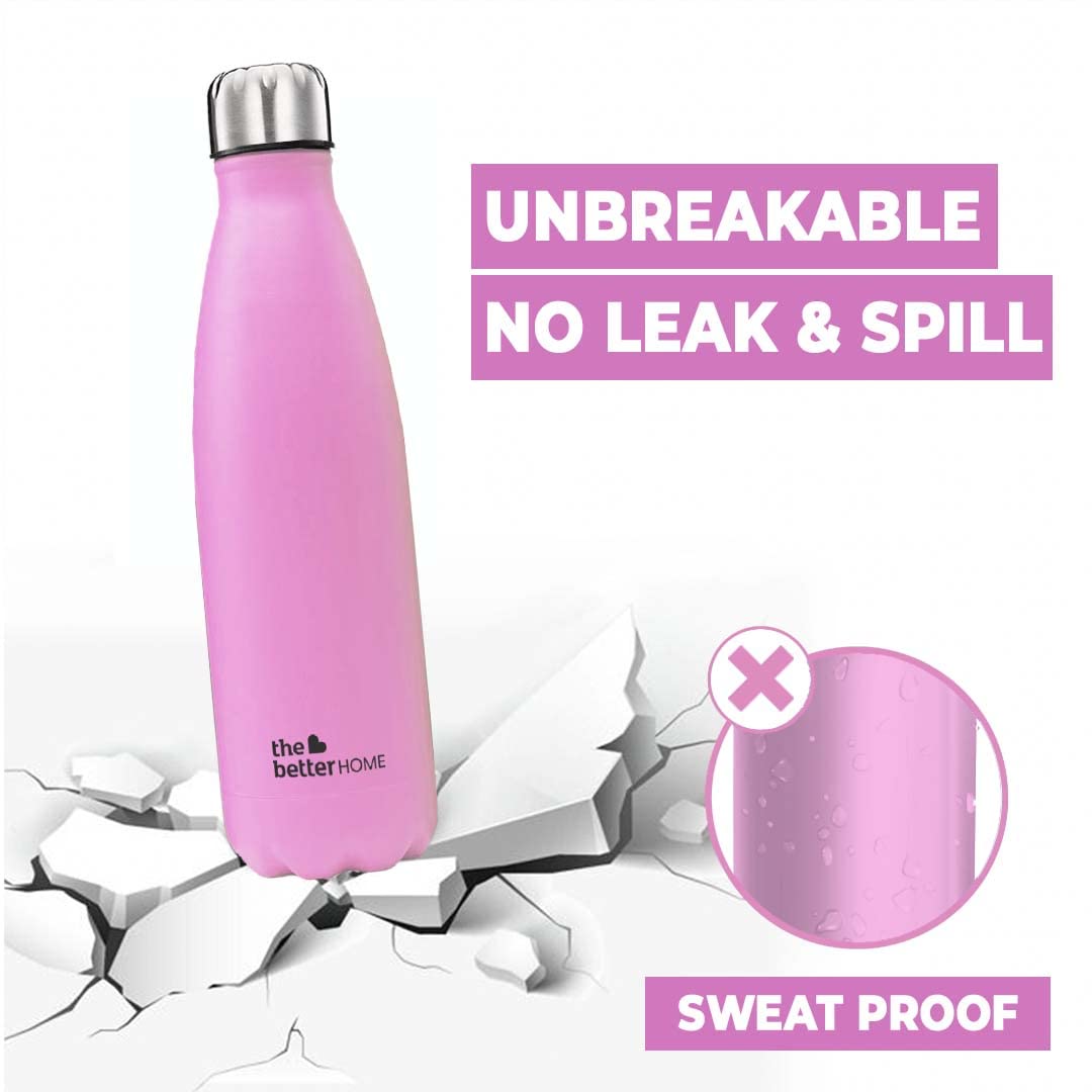 The Better Home Pack of 2 1000 ml Each Thermosteel Bottle | Doubled Wall 304 SS | Hot for 18 Hrs & Cold for 24 Hrs | Rustproof & Leakproof | Insulated Water Bottles for Office, Camping, Travel (Pink)