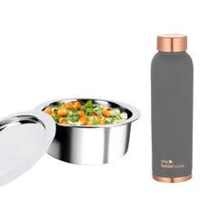 The Better Home 100% Pure Copper Water Bottle 1 Litre, Grey & Savya Home Triply Stainless Steel Tope with Lid, 16 cm (1.5 ltr)