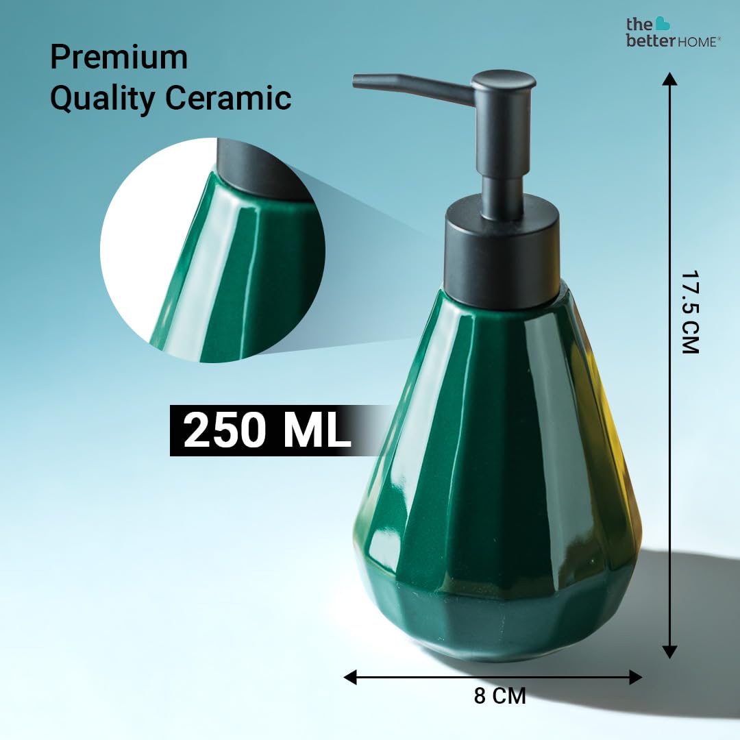 The Better Home 250ml Dispenser Bottle - Green (Set of 4) | Ceramic Liquid Dispenser for Kitchen, Wash-Basin, and Bathroom | Ideal for Shampoo, Hand Wash, Sanitizer, Lotion, and More