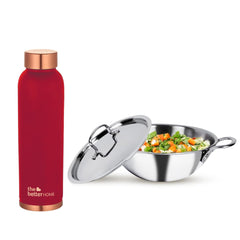 The Better Home 100% Pure Copper Water Bottle 1 Litre, Maroon & Savya Home Triply Kadai with Stainless Steel Lid, 22cm (2.2 ltr)