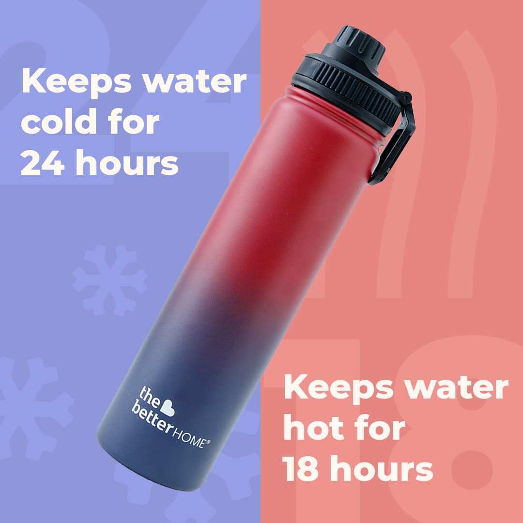 The Better Home 1000 Stainless Steel Insulated Water Bottle with Sipper (710ml) | Thermos Flask Sports Water Bottle | Hot and Cold Steel Water Bottle |Food Grade & BPA Free (Pack of 2, Maroon - Blue)