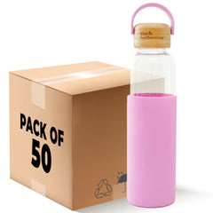 The Better Home Borosilicate Glass Water Bottle with Sleeve (500ml) | Non Slip Silicon Sleeve & Bamboo Lid | Fridge Water Bottles for Men, Women & Kids | Water Bottles for Fridge | Pink (Pack of 50)