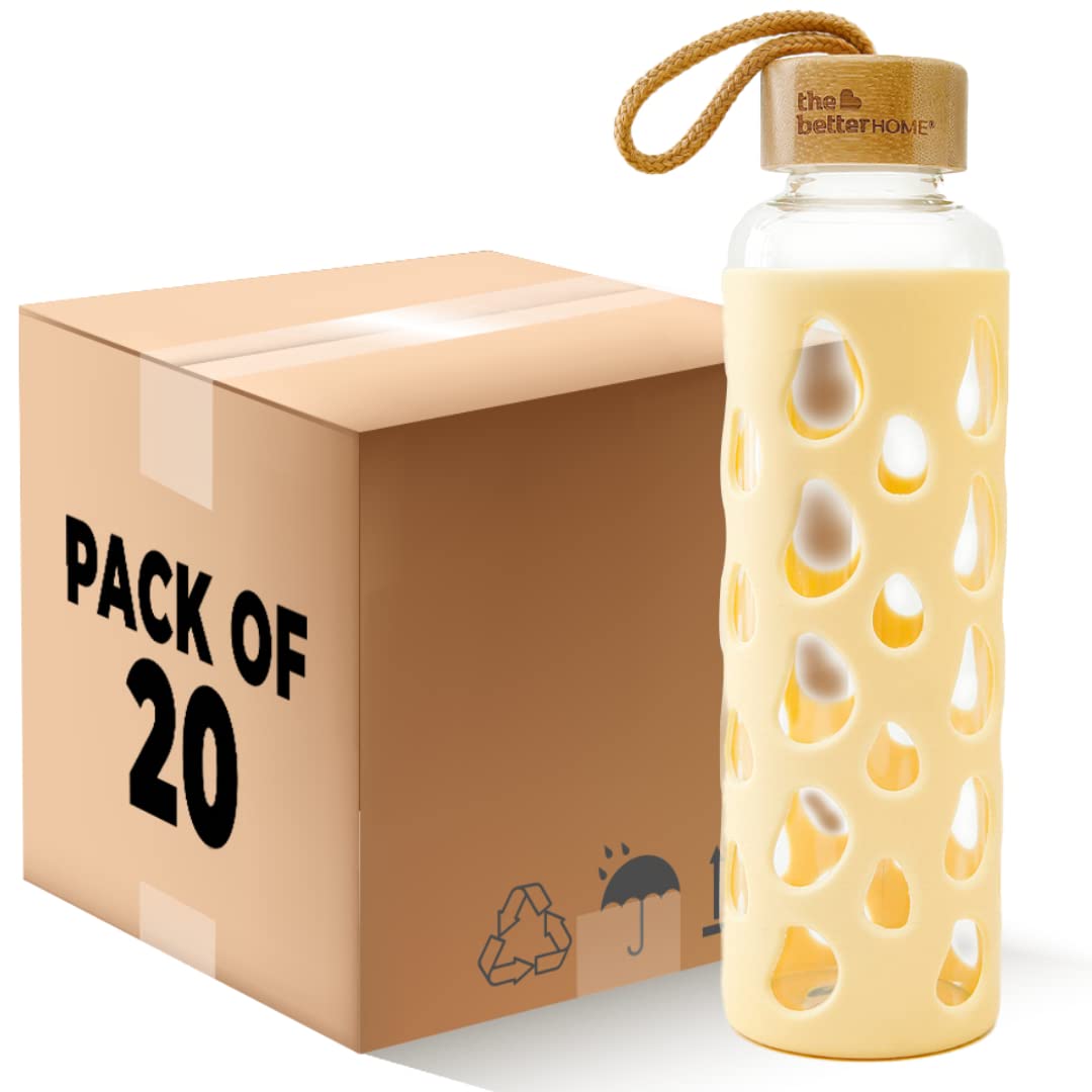 Pack of 20: Borosilicate Glass Water Bottle with Non-Slip Sleeve & Bamboo Lid | 550ml | Yellow