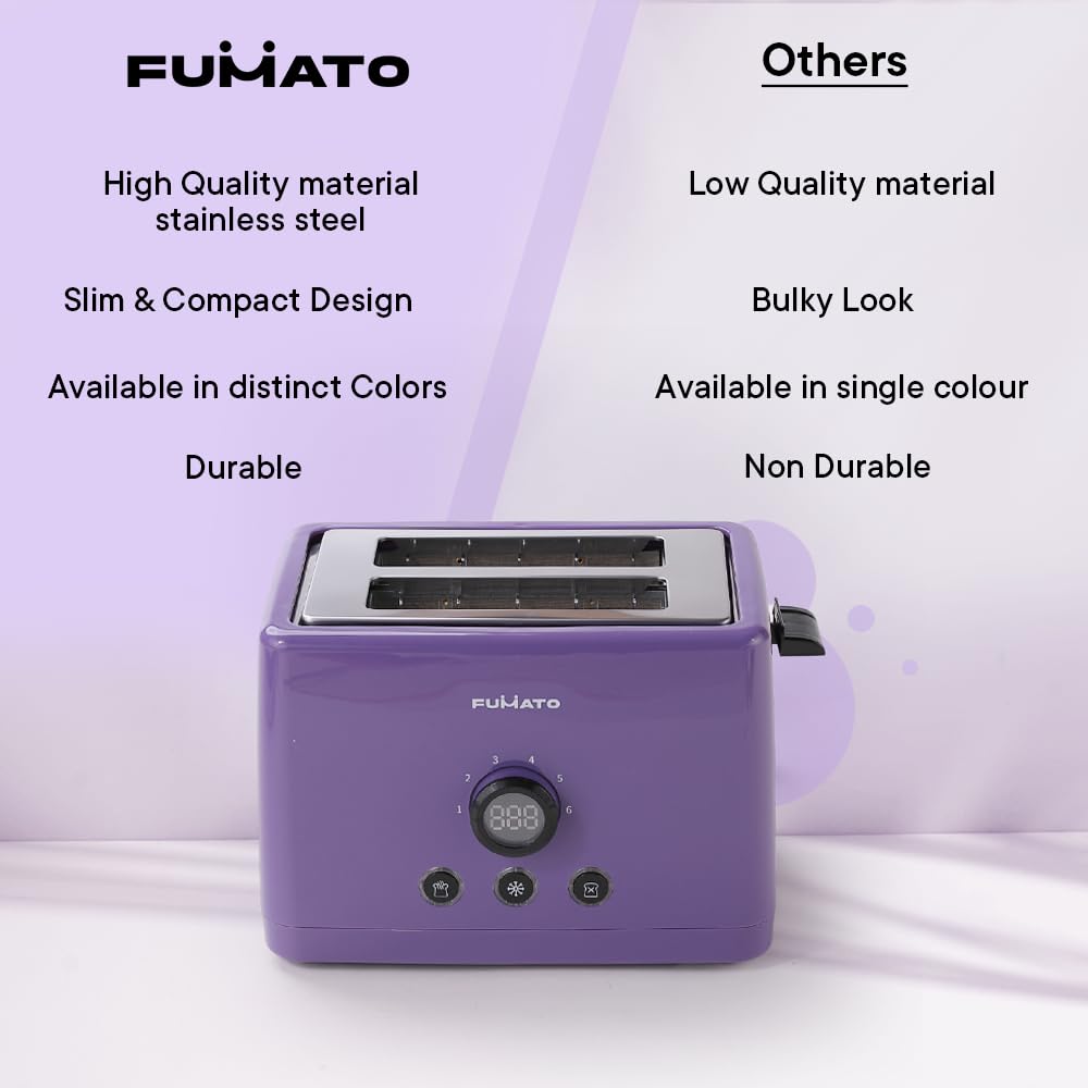 2 Slice Pop-up Toaster - 1000W, 6 Browning Levels, Removable Crumb Tray | Adjustable Controls | Purple Haze