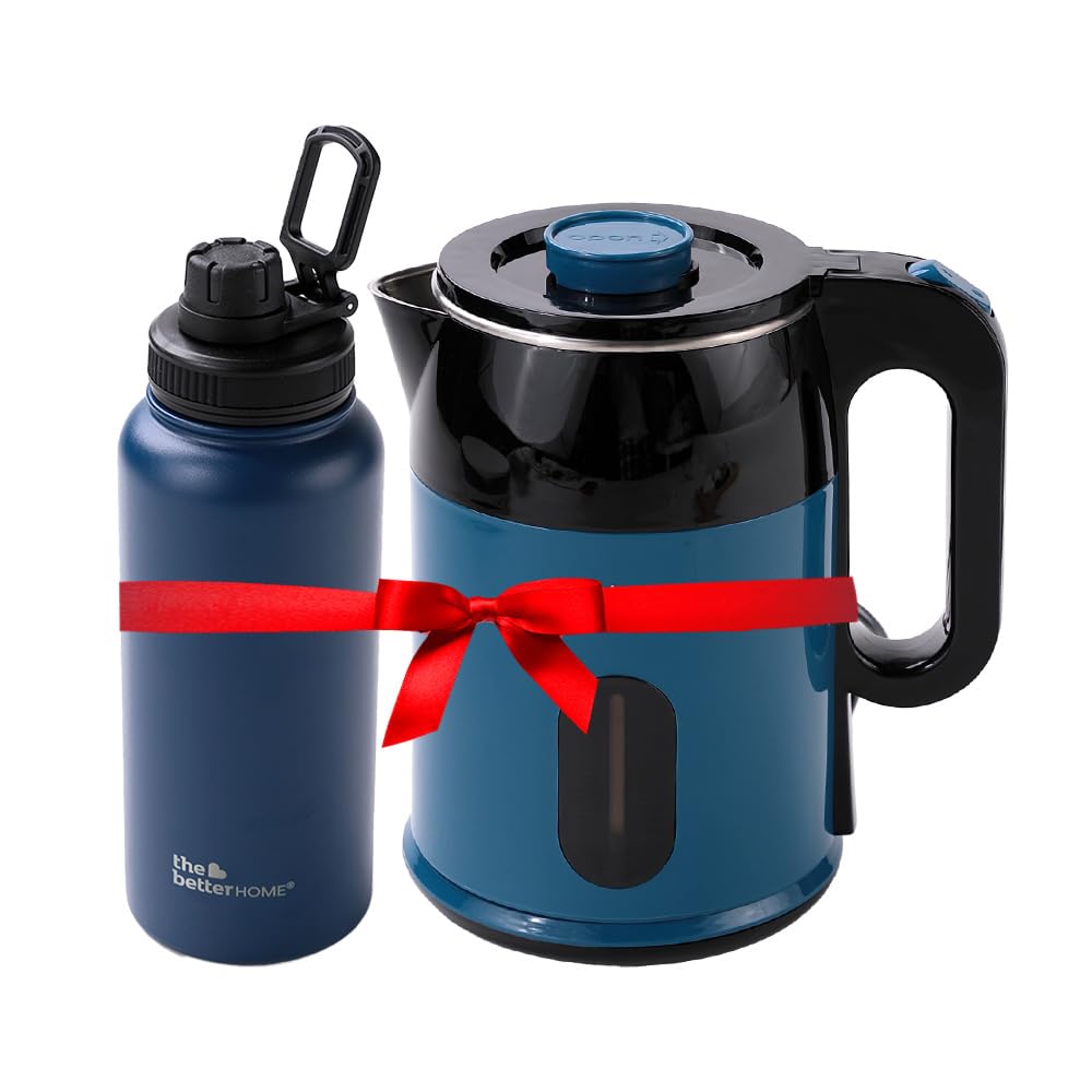 Combo: Electric Kettle with Insulated Bottle | Stainless Steel, Ultimate Utility | 1 Litre | Dark Blue