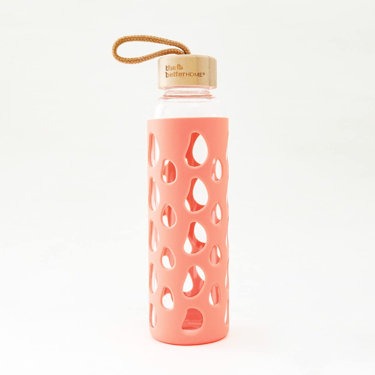 Borosilicate Glass Water Bottle - Leak Proof, Non-Slip Silicone Sleeve & Bamboo Lid | 550ml | Coral