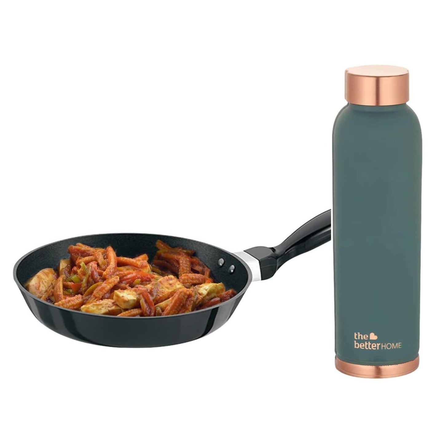 The Better Home 100% Pure Copper Water Bottle 1 Litre, Teal & Savya Home Non Stick Fry Pan, 22 cm (Stove & Induction Cookware, Easy Grip Handle) (Green)